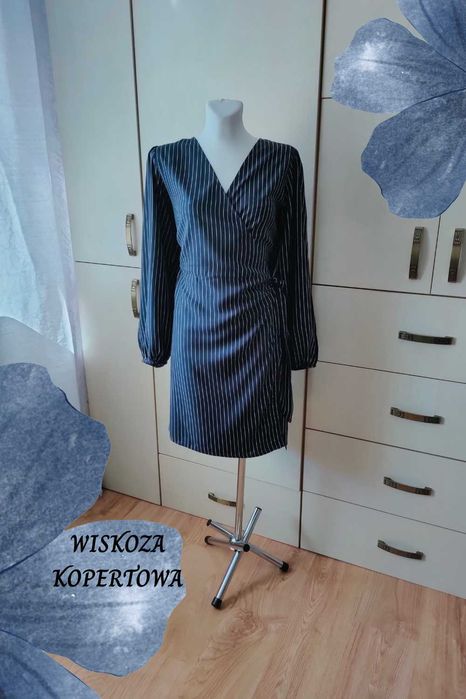 Bodyflirt NOWA granatowa sukienka kopertowa 46 3XL paski elegancka
