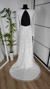 Koktajlowa długa zdobiona suknia z cekinowym obszyciem