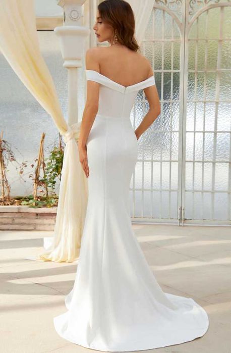 maxi ślubna odkryte plecy z trenem hiszpanka bardot rybka