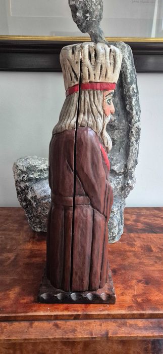 Drewniana rzeźba ludowa "Żyd z laską" antyk schowek na butelke boho