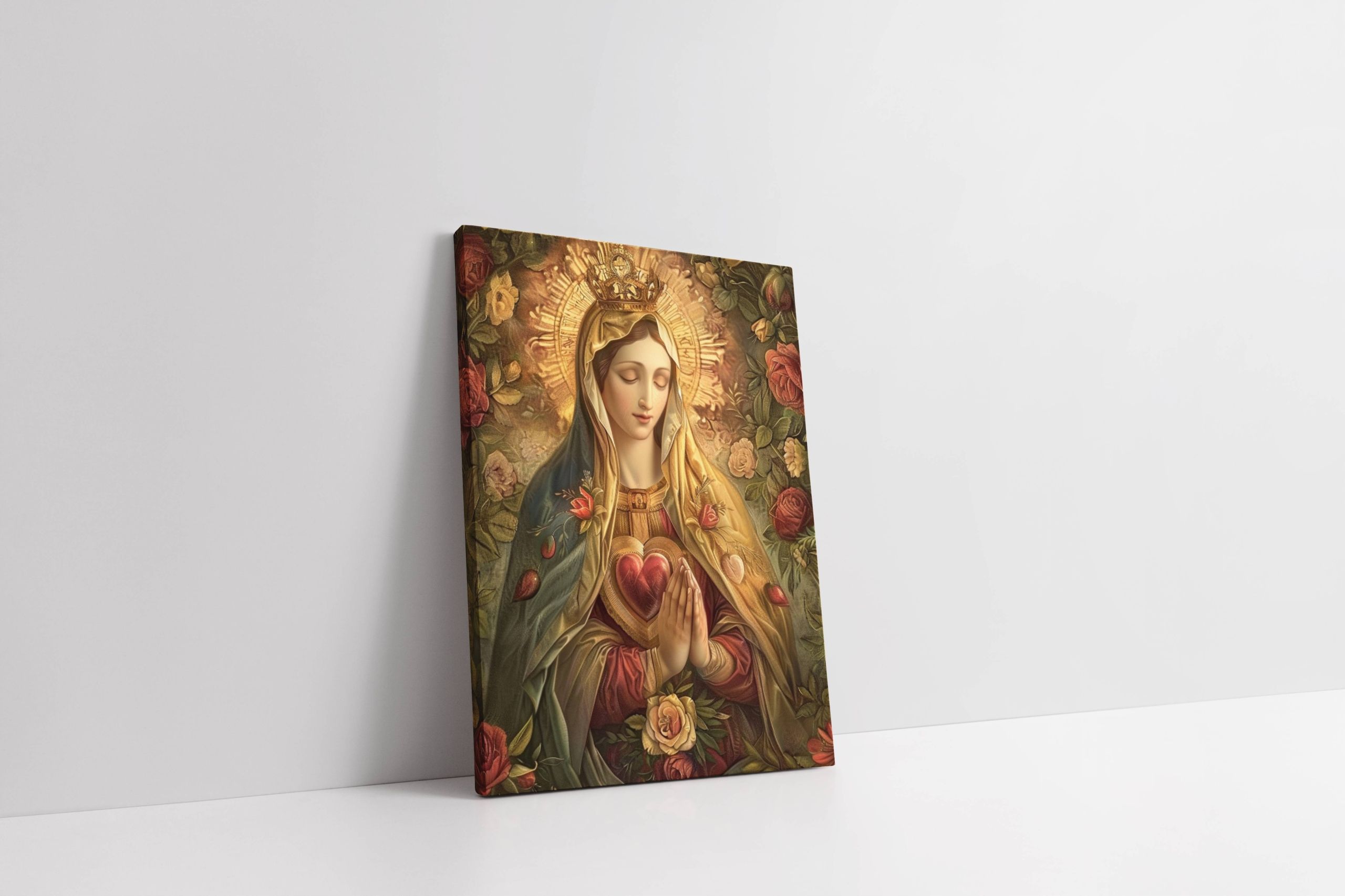 Obraz na płótnie Serce Maryi w Kwiatach 75x100 cm – sztuka sakralna
