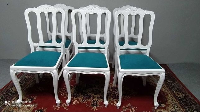 Komplet krzeseł ludwikowskich, turkusowy kolor siedziska