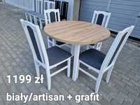 Nowe: Stół okrągły + 4 krzesła, bialy/artisan + grafit,  transPL