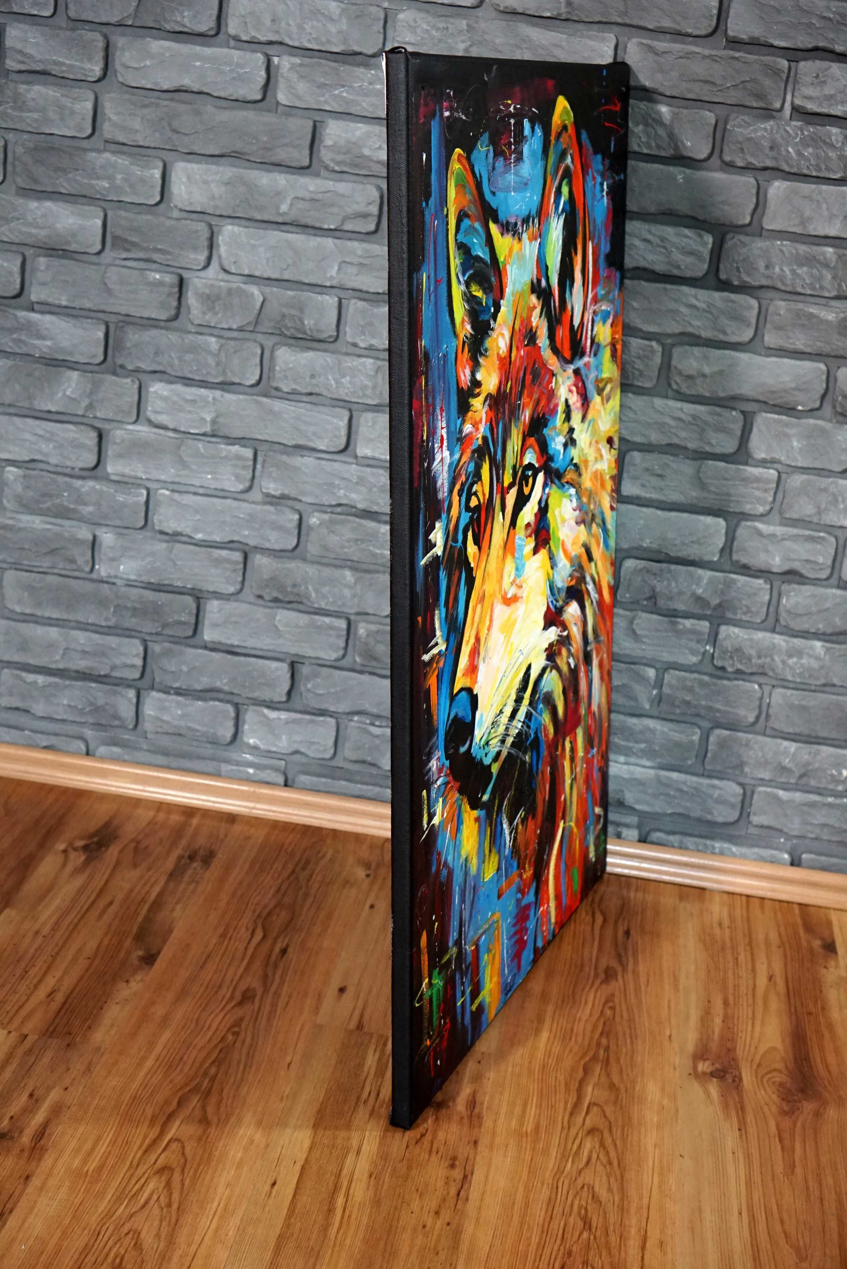 Wilk Duży obraz olejny ręcznie malowany kolorowy abstrakcja pop art