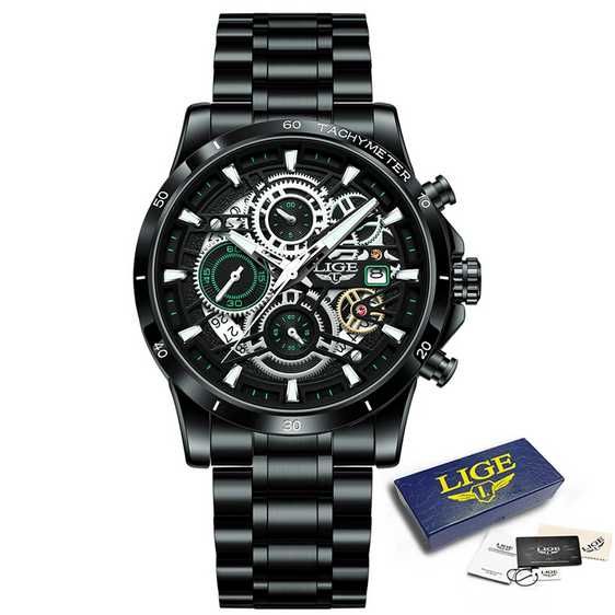 Relógio Masculino LIGE bracelete metal preto