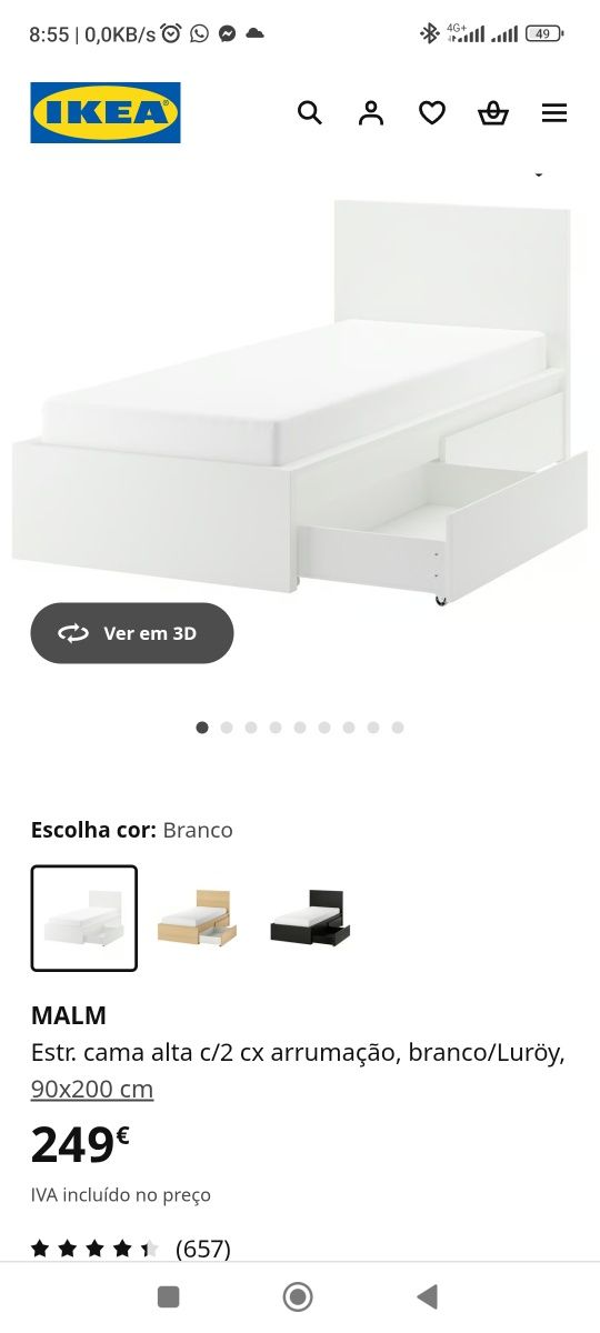 Cama IKEA Malm com colchão e estrado. Praticamente novo