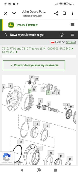 Wieniec i zębatki John Deere zwolnica
