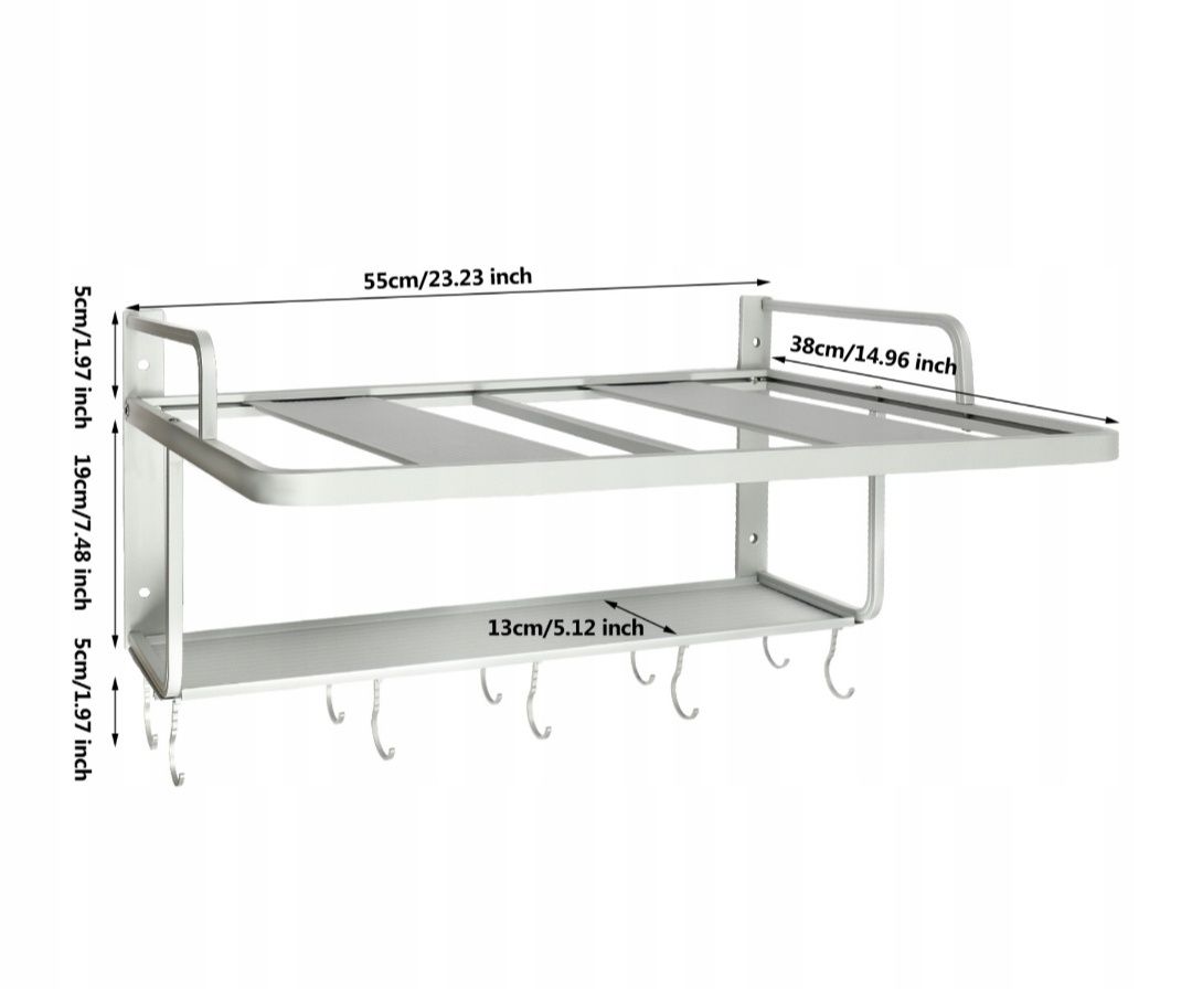 Półka na mikrofale z haczykami na przybory kuchenne