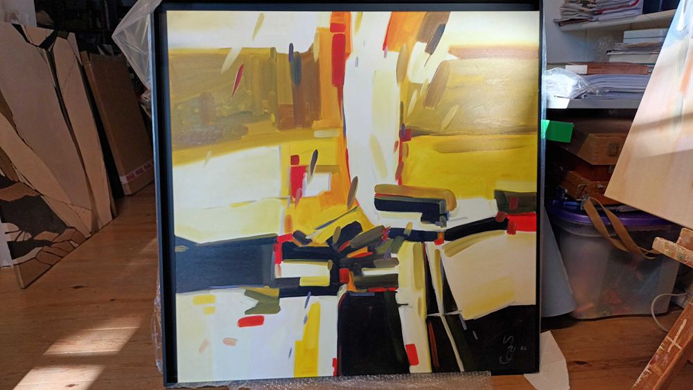 Quadro Abstracto Amarelo 100x100cm com moldura.