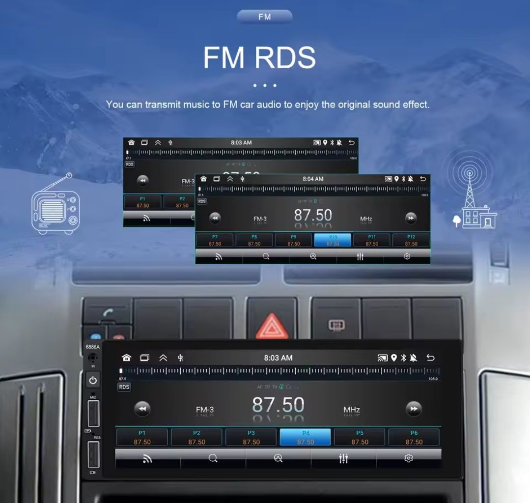 Rádio 1 DIN Android 13 ecrã 6.8" + Carplay + RDS + GPS