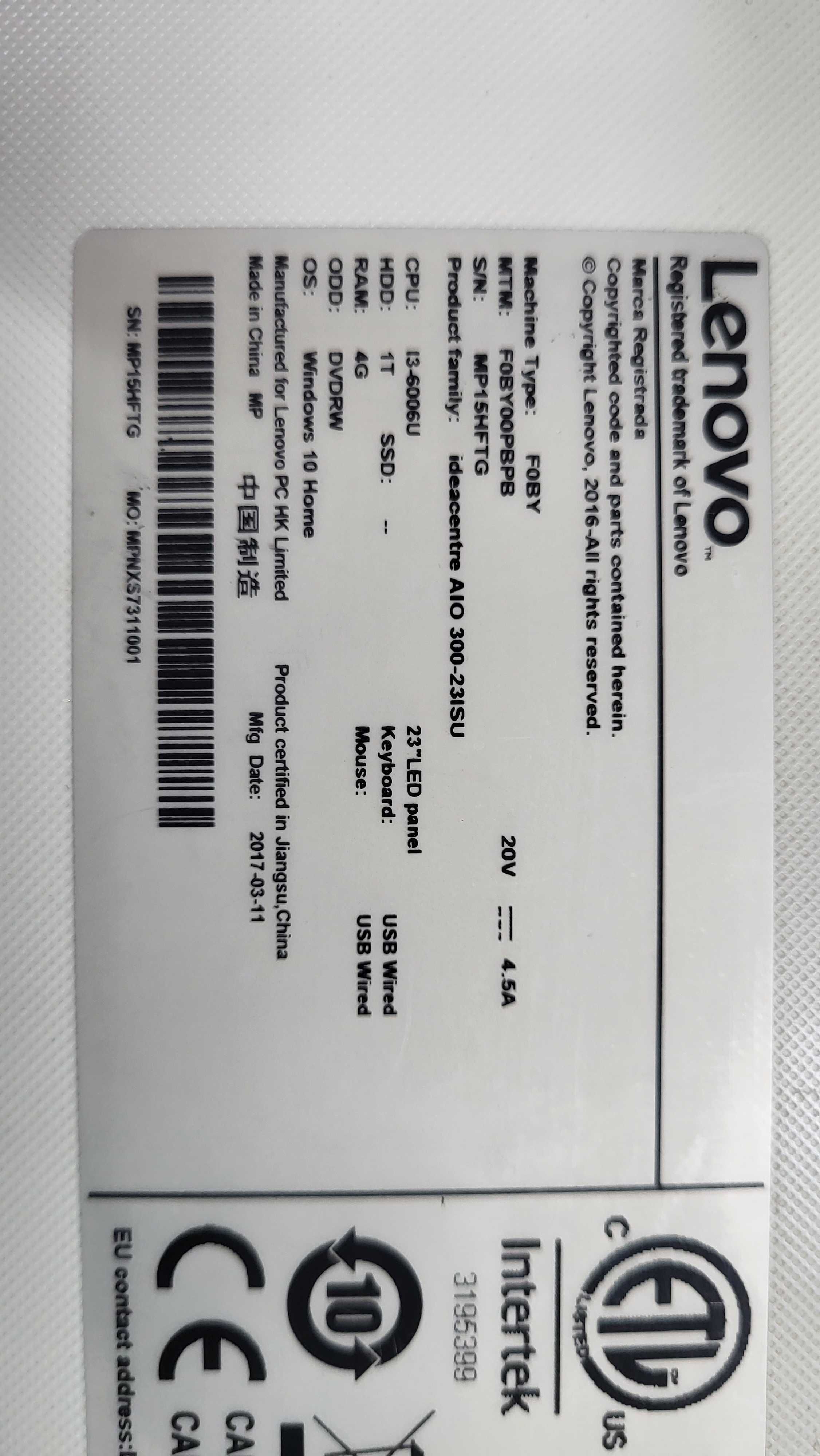 komputer Lenovo Ideacentre 300-23ISU   i3 / 4GB / 1TB  24" AiO