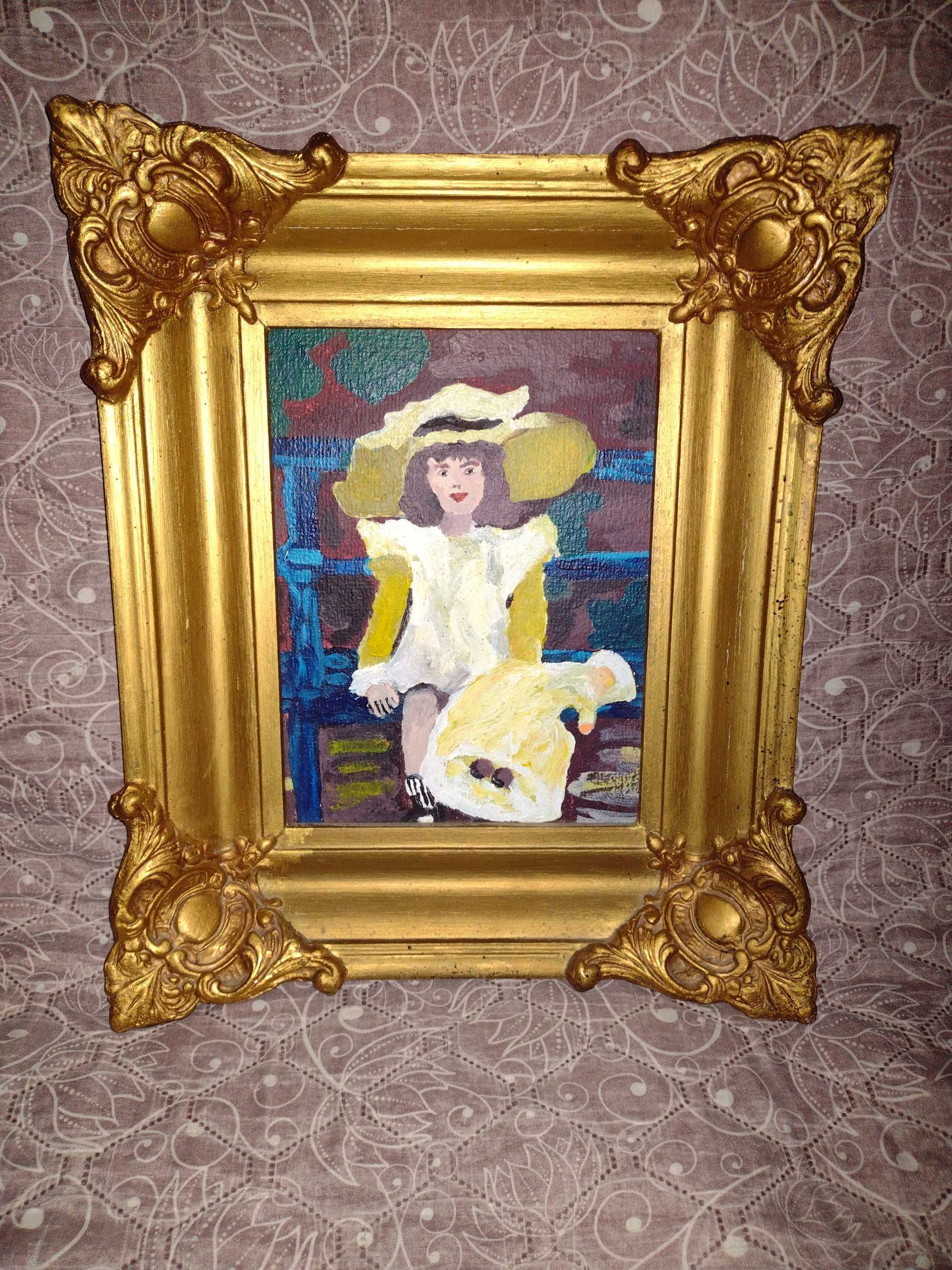 Dekoracja do domu - dziewczyna w kapeluszu w złotej ramce