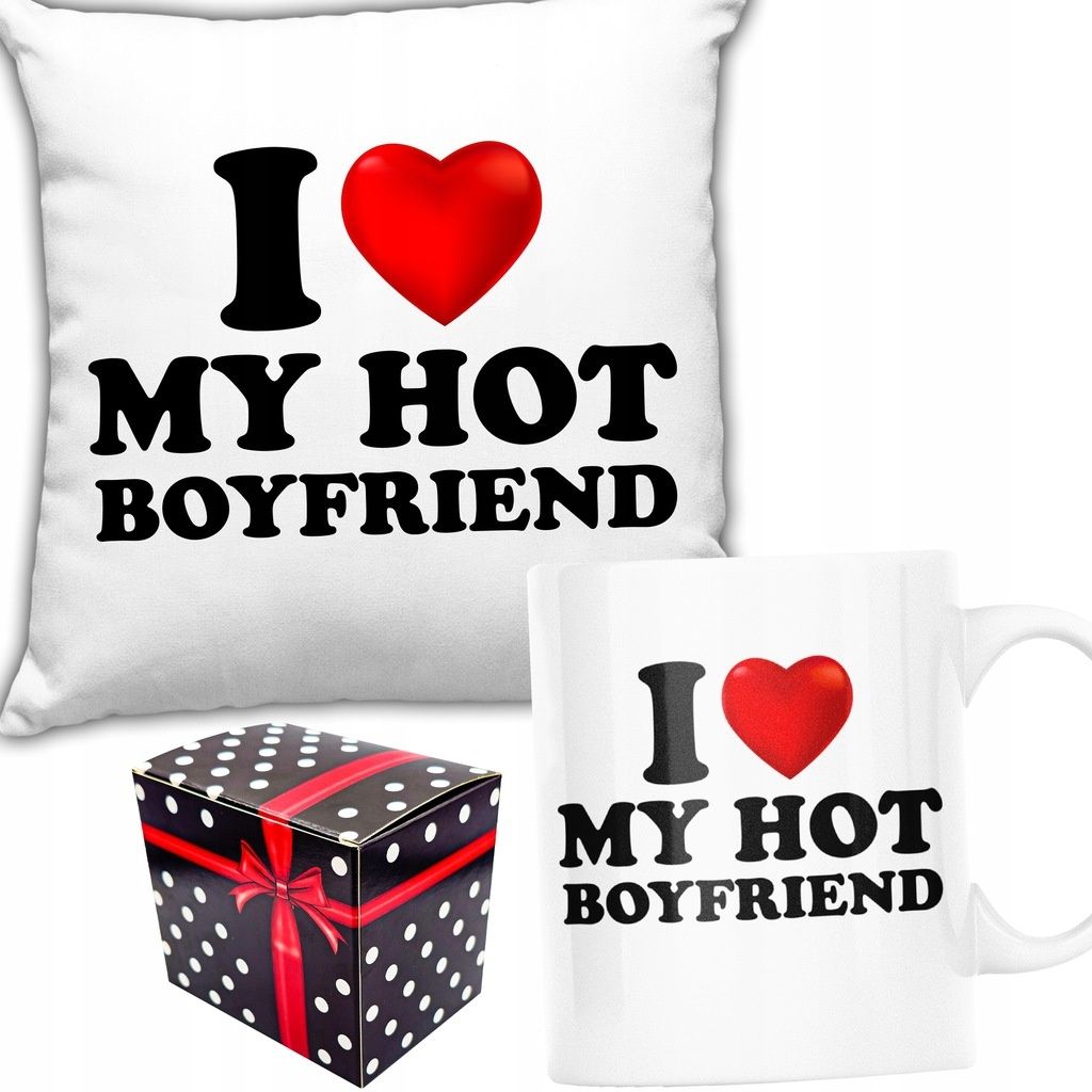 zestaw prezent święta poduszka + kubek i love my hot boyfriend + pudeł
