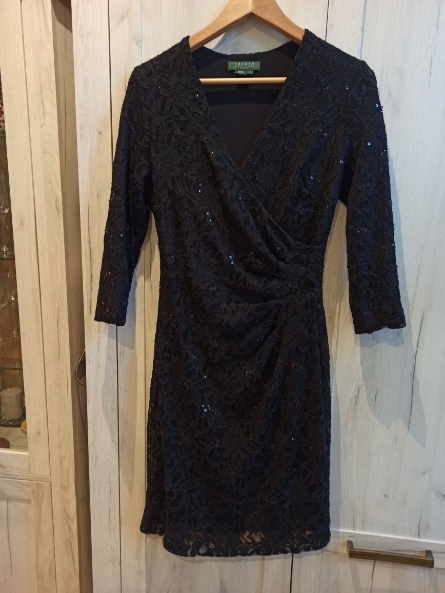 Sukienka Ralph Lauren czarna koronka z cekinami r 6 (36-38)