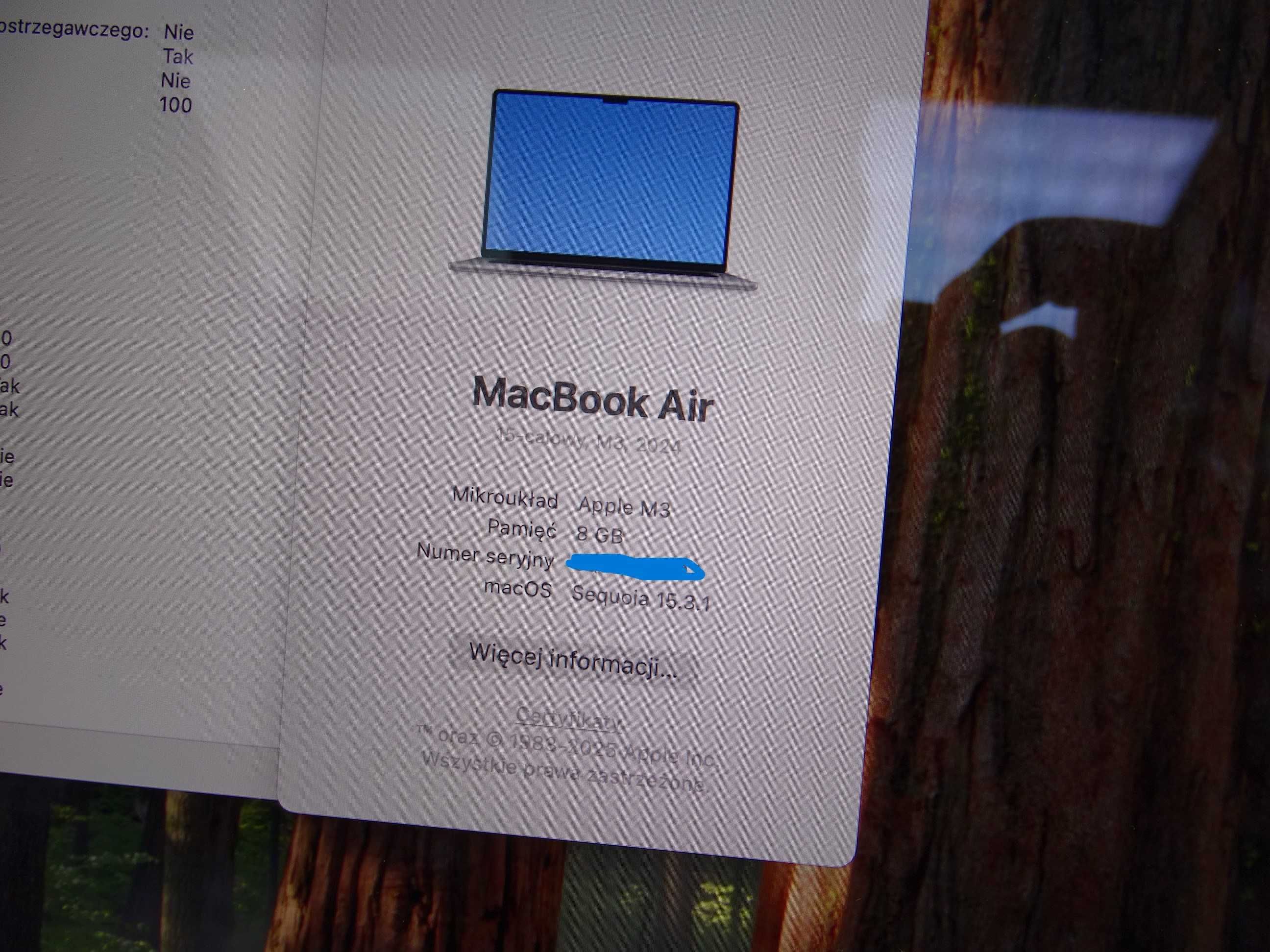 777/ Jak nowy Macbook Air 15" M3 2024 / 8gb+256gb/ bat: 12 cykli