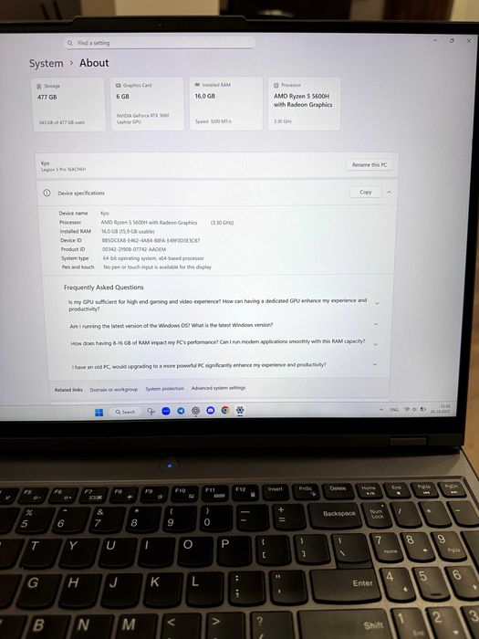 Legion 5 Pro 16ACH6H/ Ryzen 5/ Nvidia RTX 3060/ 16gb RAM/512 SSD/Win11