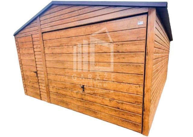 GARAŻ BLASZANY 4,5 x 5 dwuspad Brama + drzwi orzech wolnostojący ID88