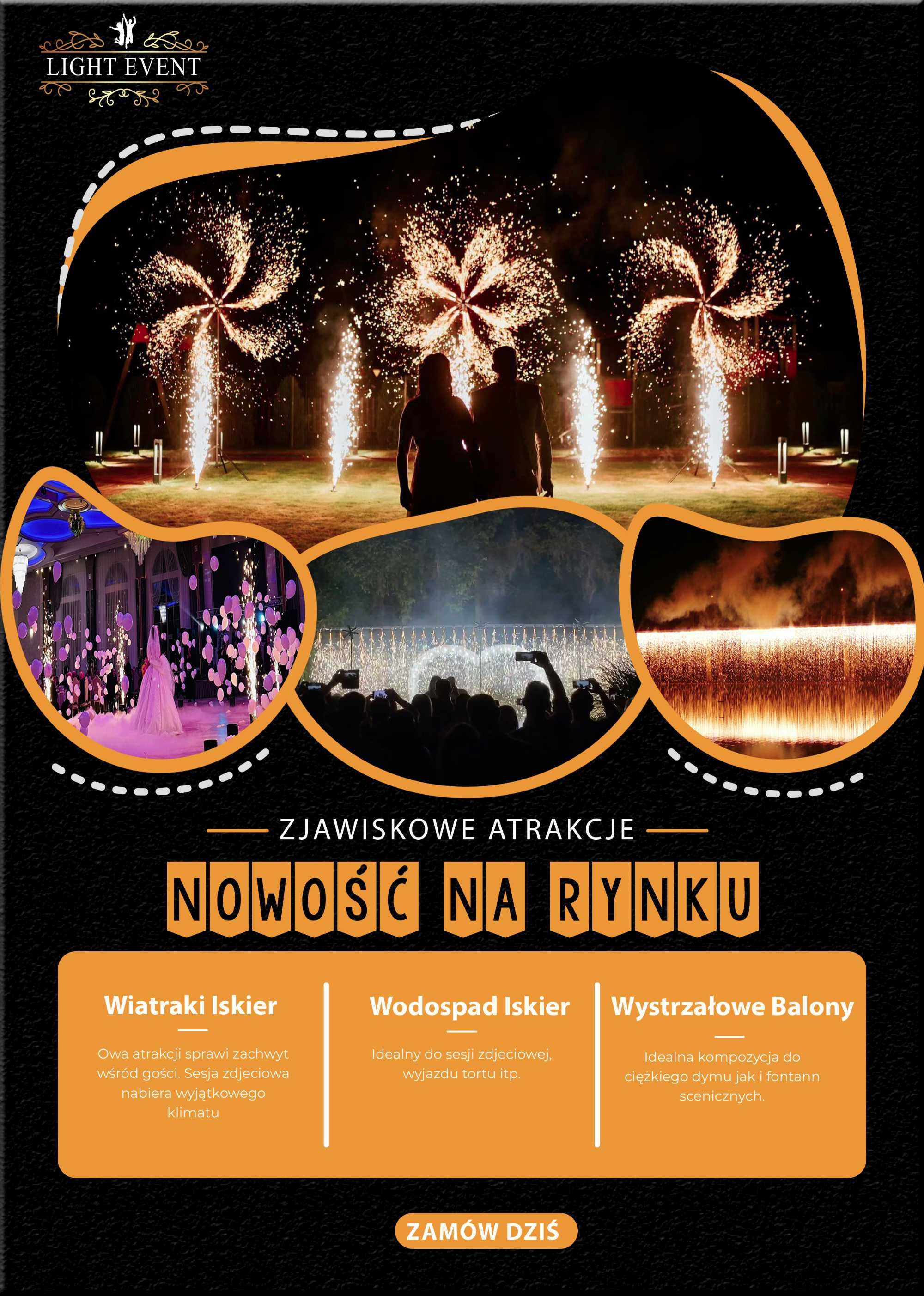 Fotobudka, ciężki dym, taniec w chmurach, fontanny iskier, napis miłoś