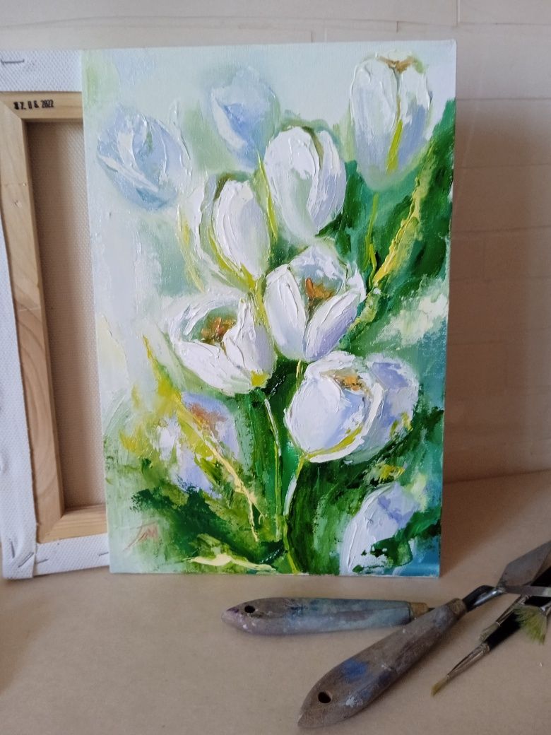 Картина маслом " Белые тюльпаны" 20*30см