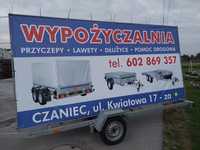 Przyczepa reklamowa Baner Wynajem przyczep reklama mobilna lawety moto