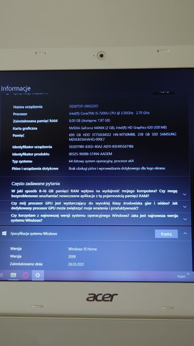 Laptop Acer Aspire F5-573G i5 SSD+HDD, NVIDIA MX940 2GB, WIN10