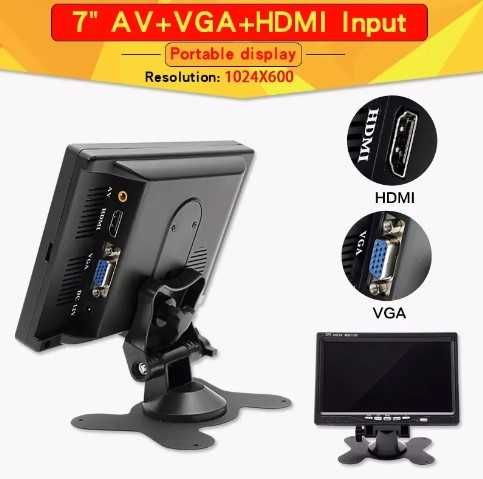 Monitor 7" ou 10.1" portátil 720p com VGA, HDMI, AV, USB
