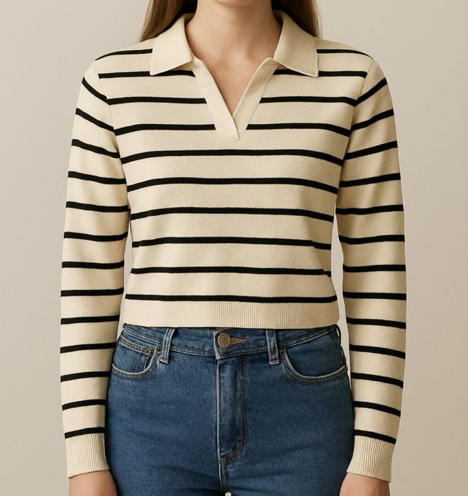 Белый топ в черную полоску