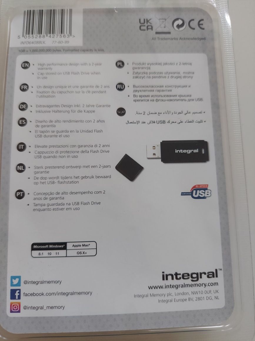 Flash drive pen drive 64 nowy Integral
