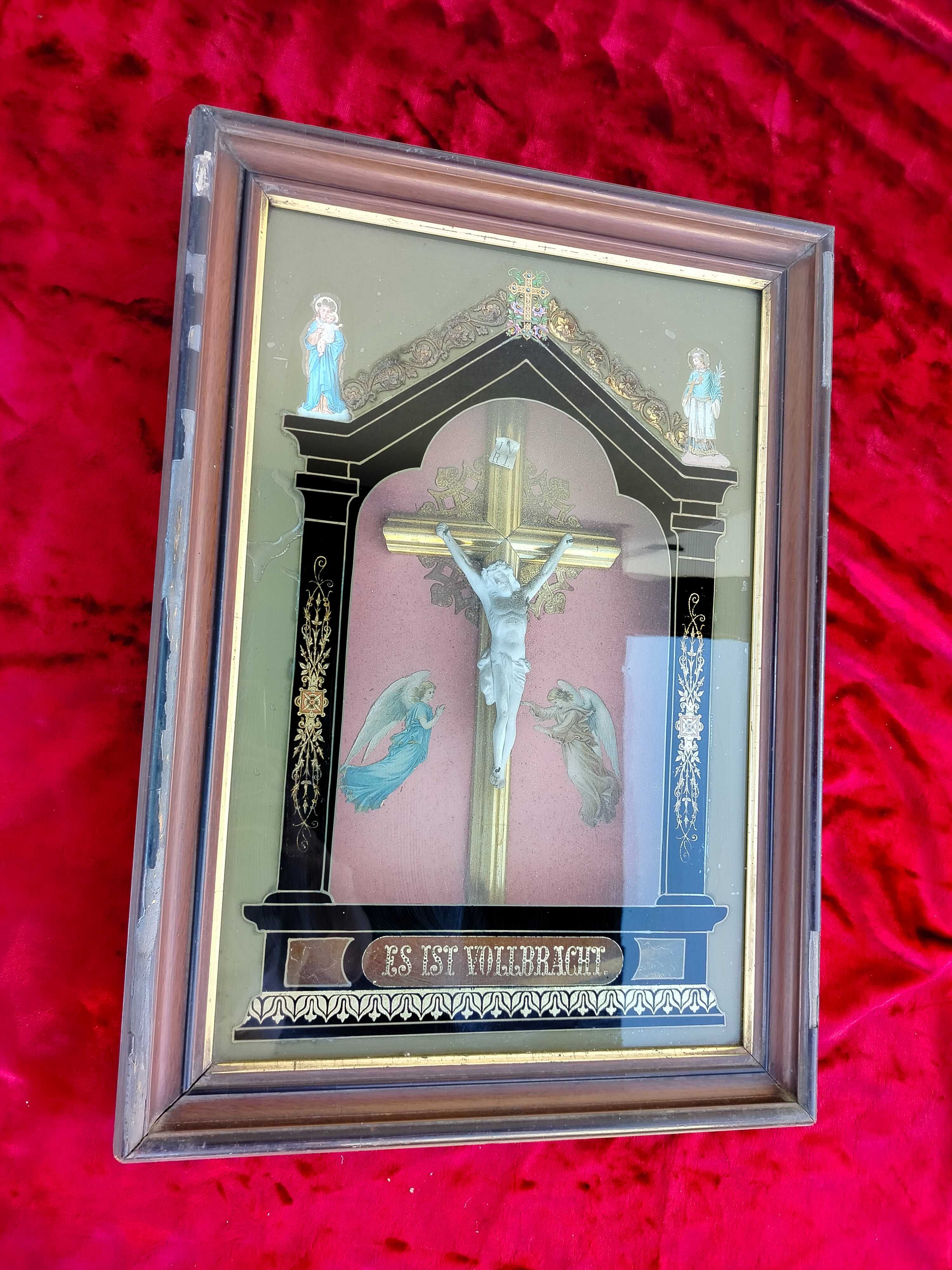 Stary unikatowy obraz kapliczka religijny z krzyżem