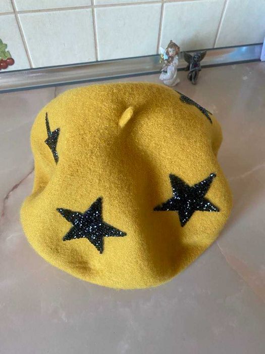 Accessorize Beret wełniany musztardowy 55/56 cm błyszczące dżety