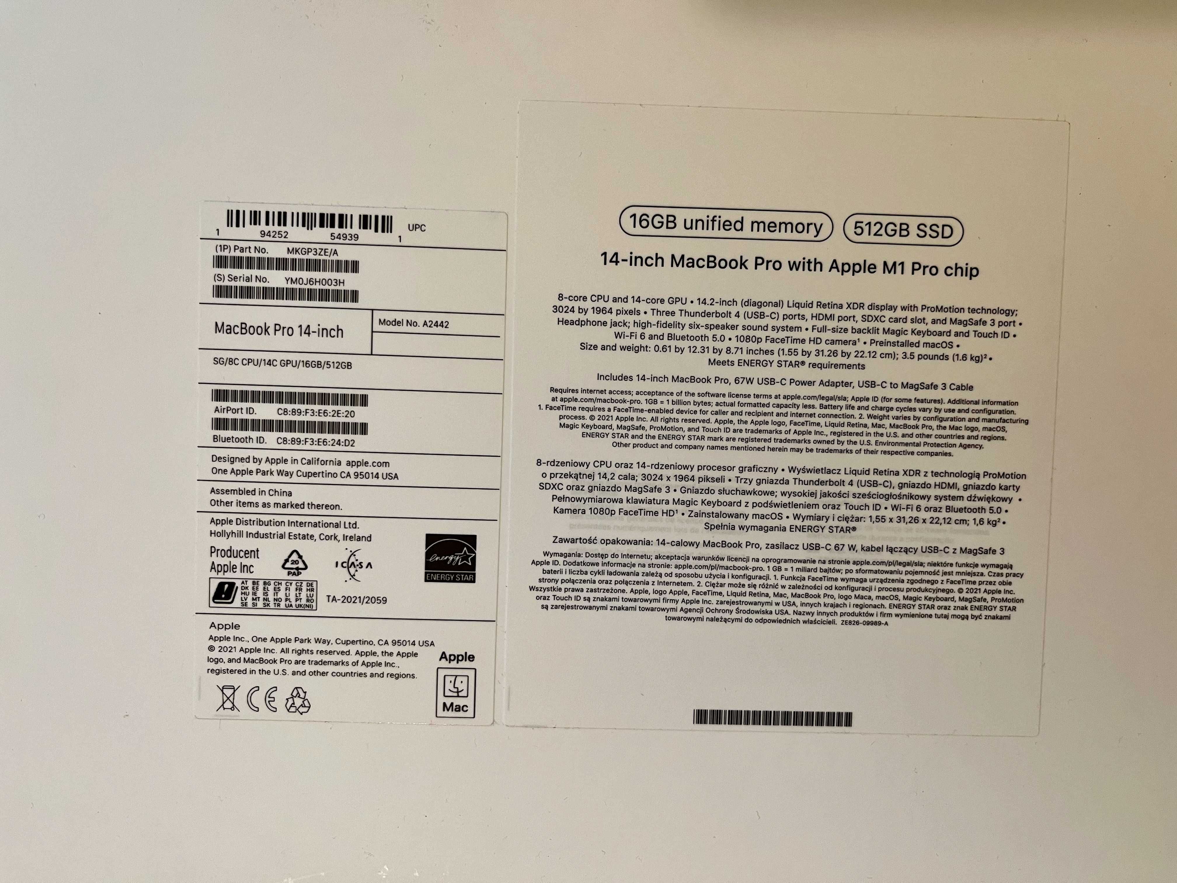 Apple Macbook 14:  M1 Pro 8‑core CPU/ 14‑core GPU/16GB/512GB/SpaceGrey