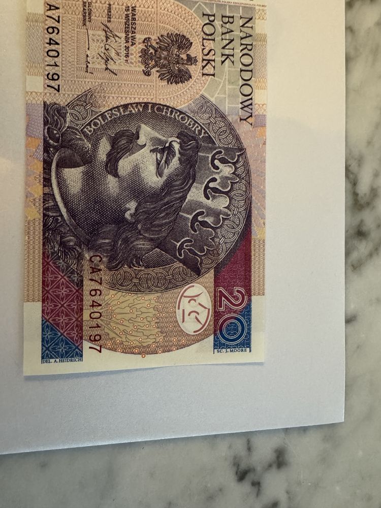 Nowy banknot 20 zł stan unc z paczki bankowej