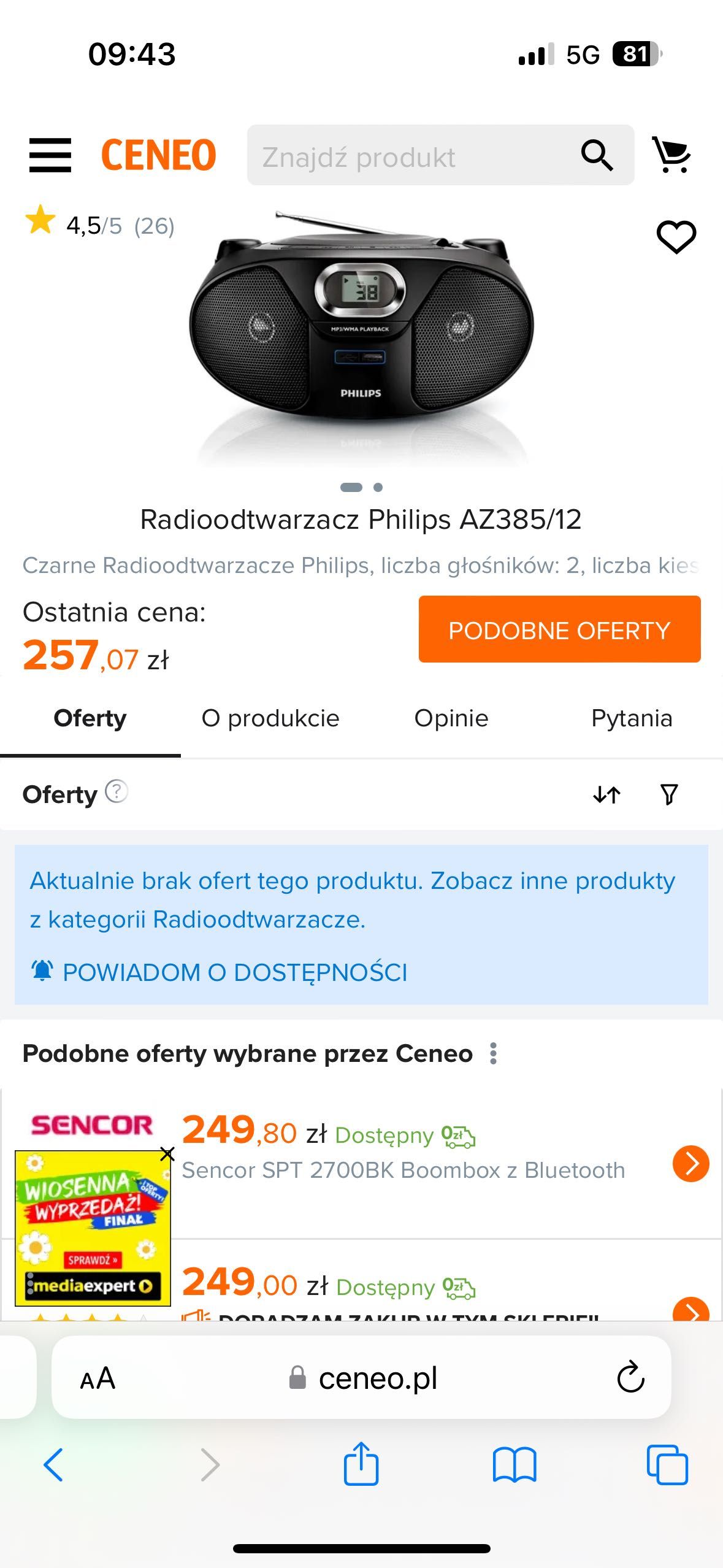 Radioodtwarzacz Philips AZ 385 za pół ceny