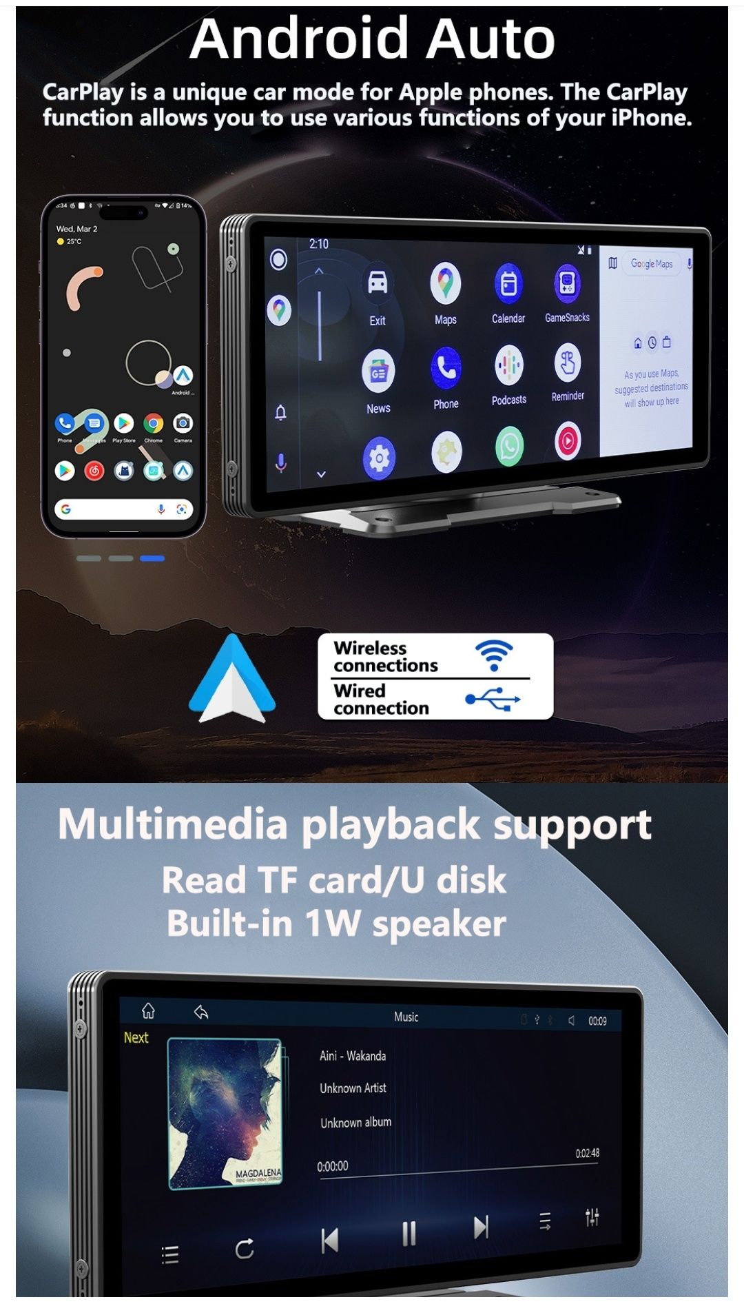 Auto Rádio Carplay MP5 portátil de 10,26 pol com bluetooth, tela HD