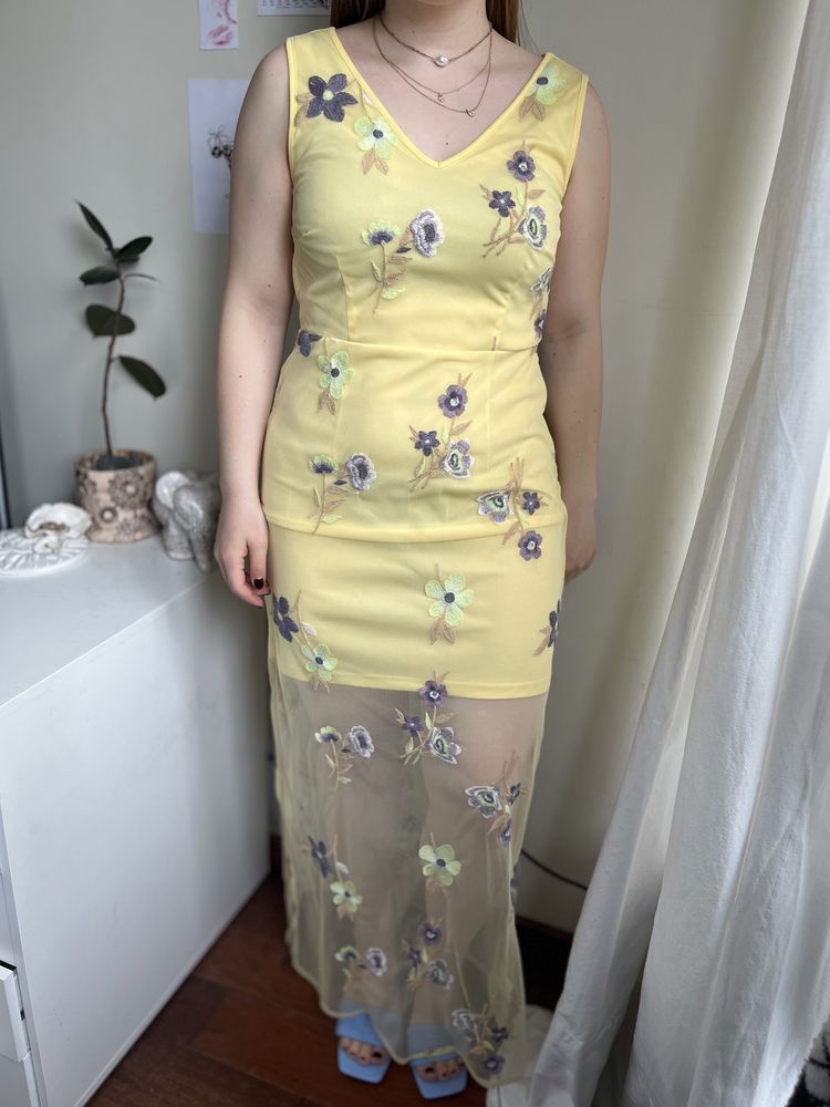 Wiosenna szyfonowa letnia żółta sukienka w kwiaty yessica 38