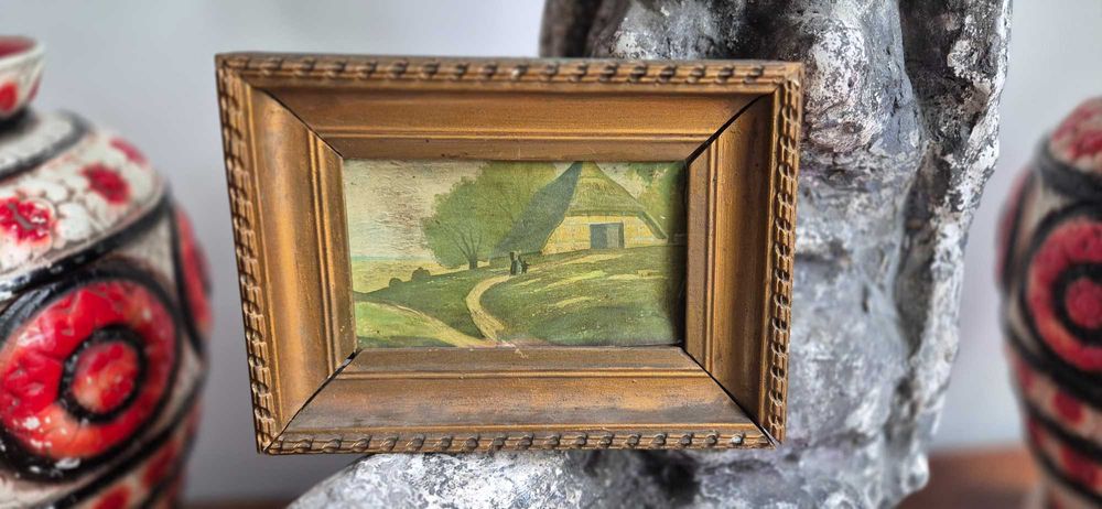 Obraz zielony pejzaż przedwojenny antyk dekor cudo