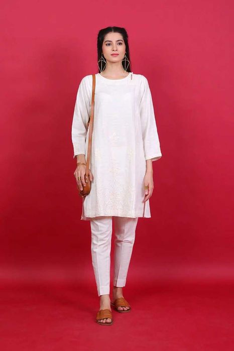 Biały komplet indyjski S 36 boho bohemian tunika spodnie retro kameez