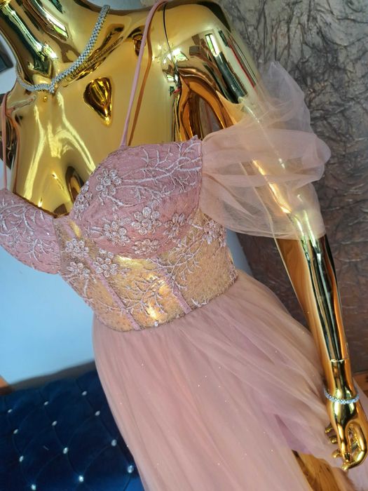 Sukienka na studniówkę, bal gorset+tiul. Pudrowy róż. R38