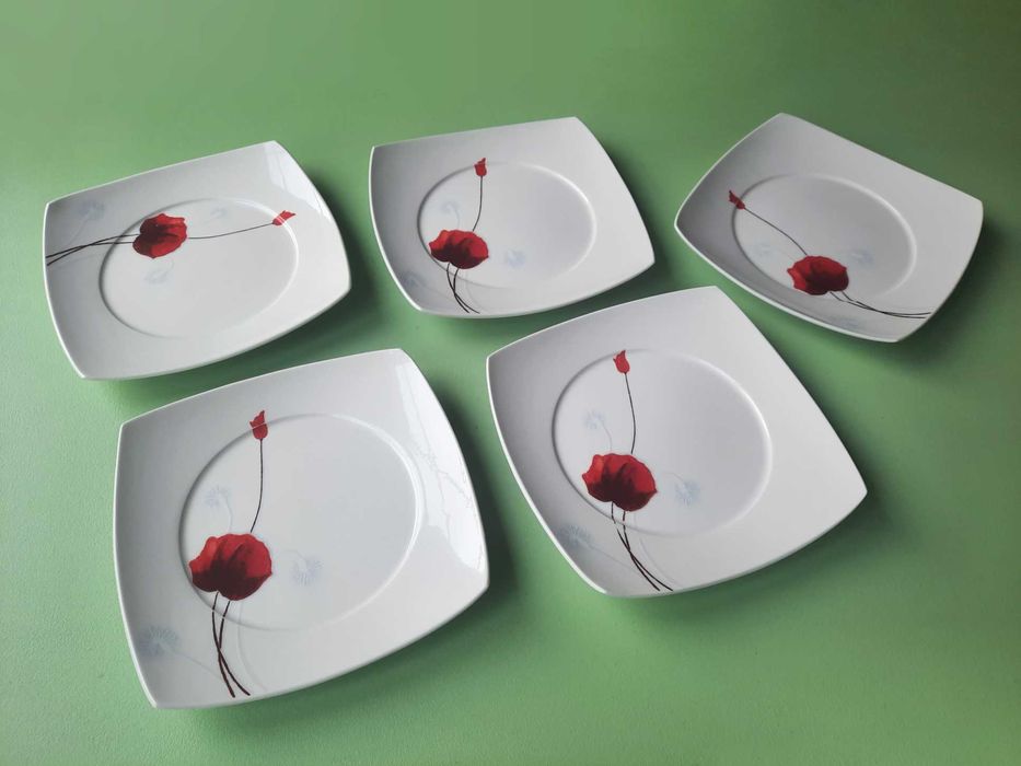 Talerze kwadratowe porcelanowe – czerwony mak 5 szt nowoczesny design