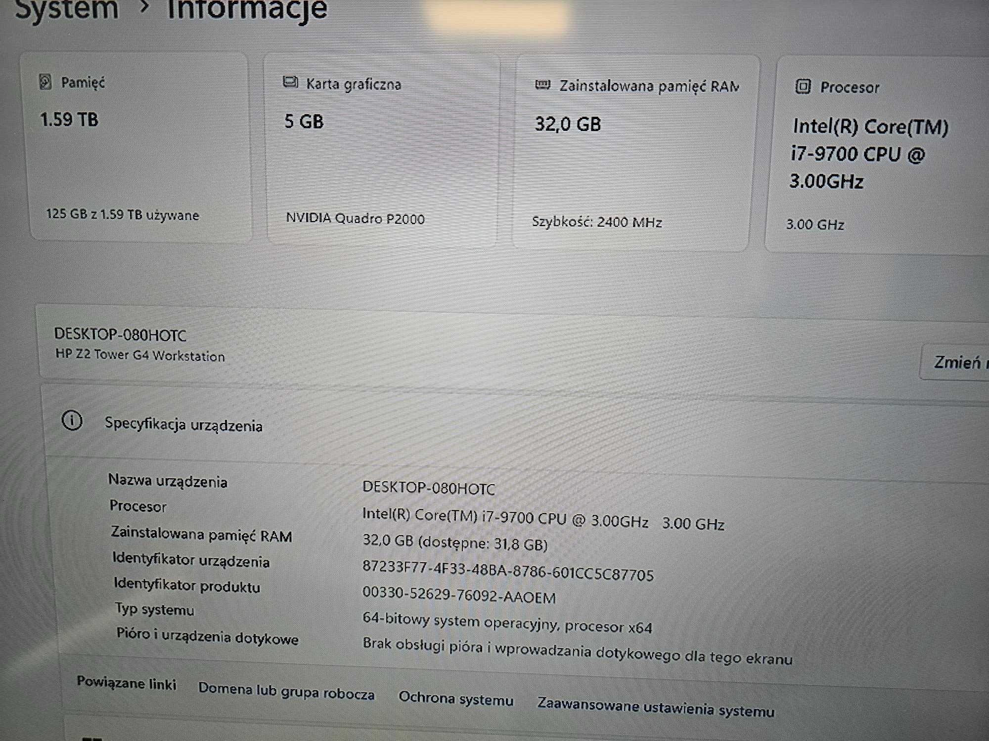 Komputer HP Z2 TOWR G4/i7-9700/32GB/1250 GB/Quadro P2000/Bioskomp