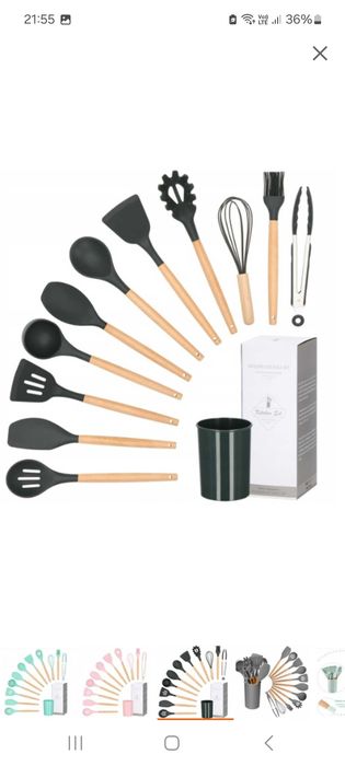 Zestaw przyborów kuchennnych silikonowo drewnianych 12 ELEMENTÓW Kolor