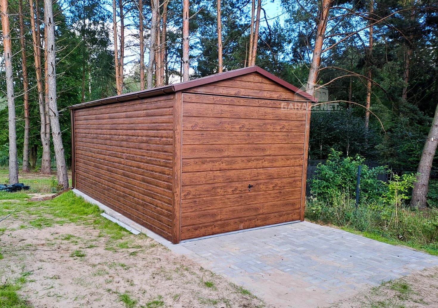 GARAŻ BLASZANY 3m X 6m Poziom Dwuspad Brama Uchylna Orzech Rynny GB319