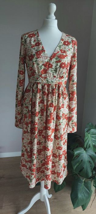 Sukienka w kwiaty r.M-L codzienna, klasyczna, jesienne kolory, długi r