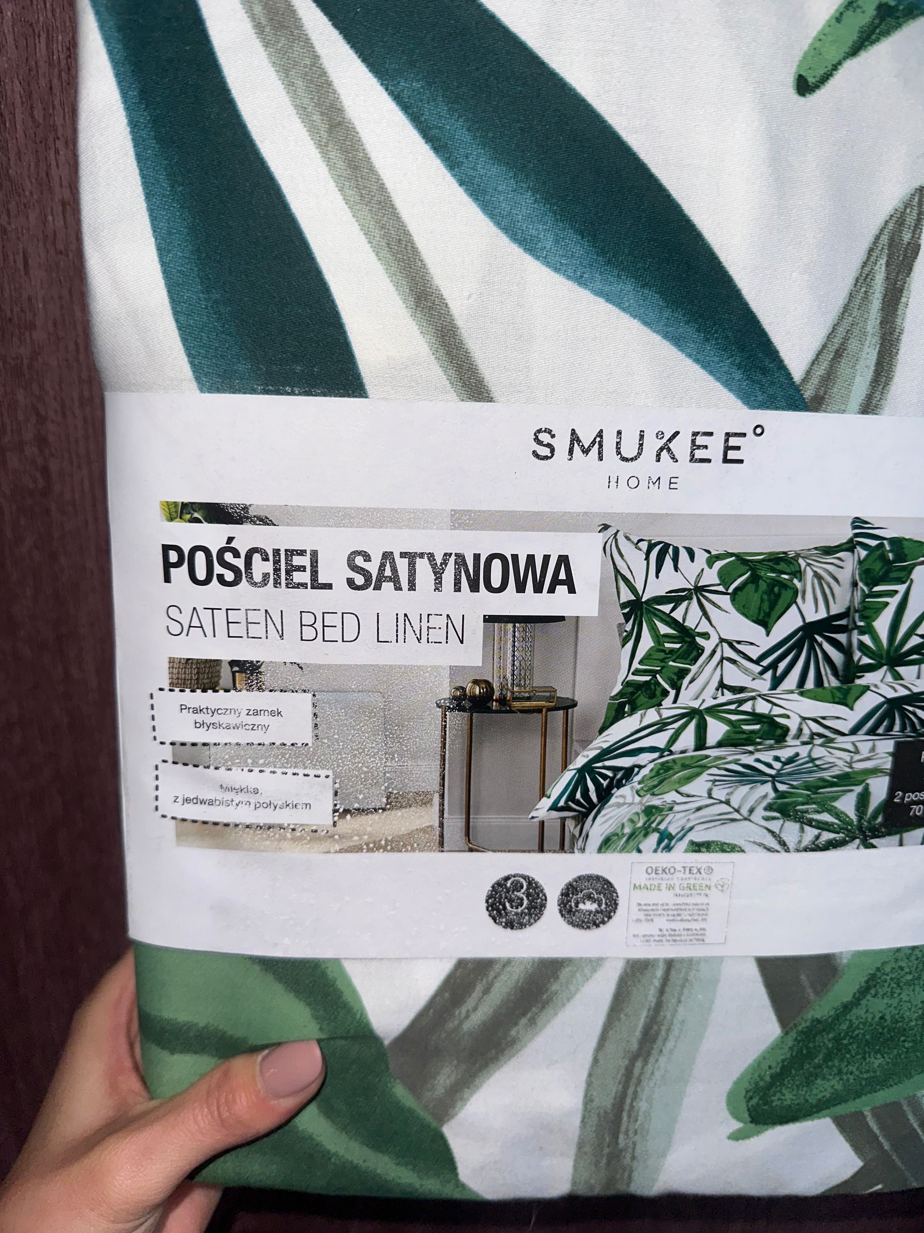 Pościel satynowa biała zielona w liście Smukee 160 x 200 cm