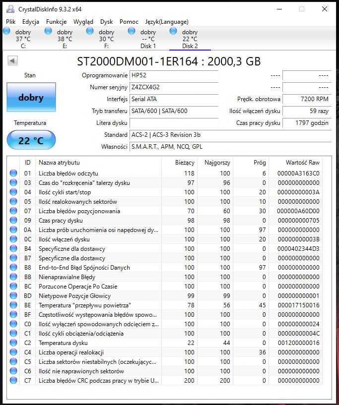 Dysk HDD Segate 2TB - S.M.A.R.T = dobry