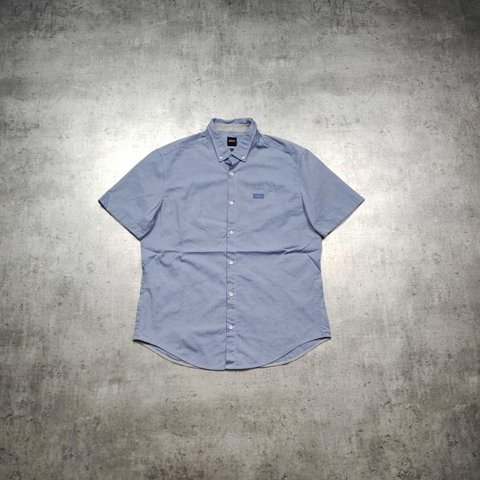 MĘSKA Elegancka Koszula Krótki Rękaw Błękitna Haft Hugo Boss Casual