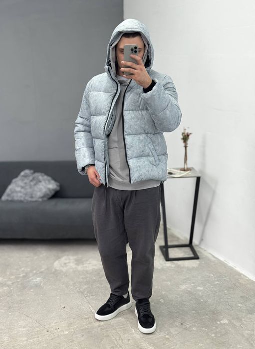 Теплая Куртка с капюшоном (S,M,L,XL) Пуховик Navi серый