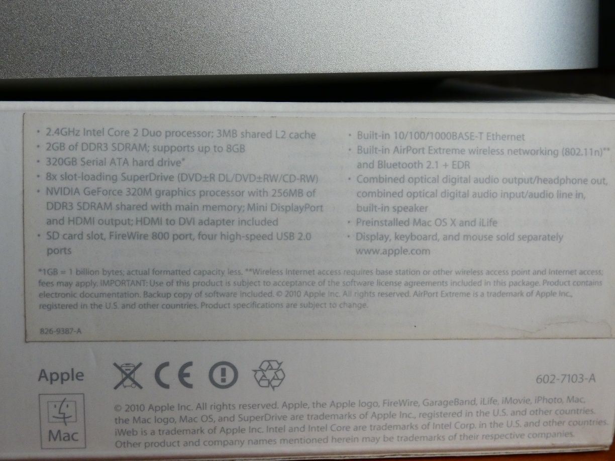 Apple Mac Mini 2010 Intel Core 2 Duo  4GB  320GB