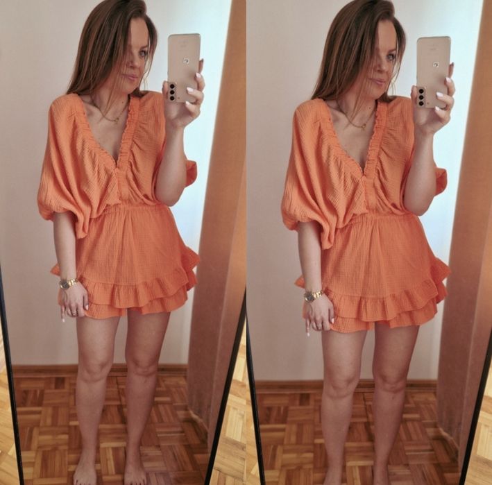 Kombinezon muślinowy lato pomarańczowy morelowy M L XL Varlesca chicac