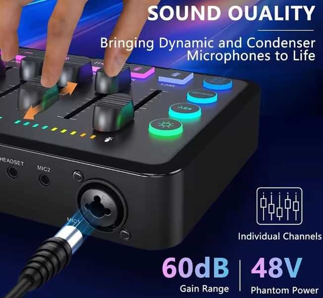 Mixer audio do gier RGB XLR, z mikrofonem i słuchawkami